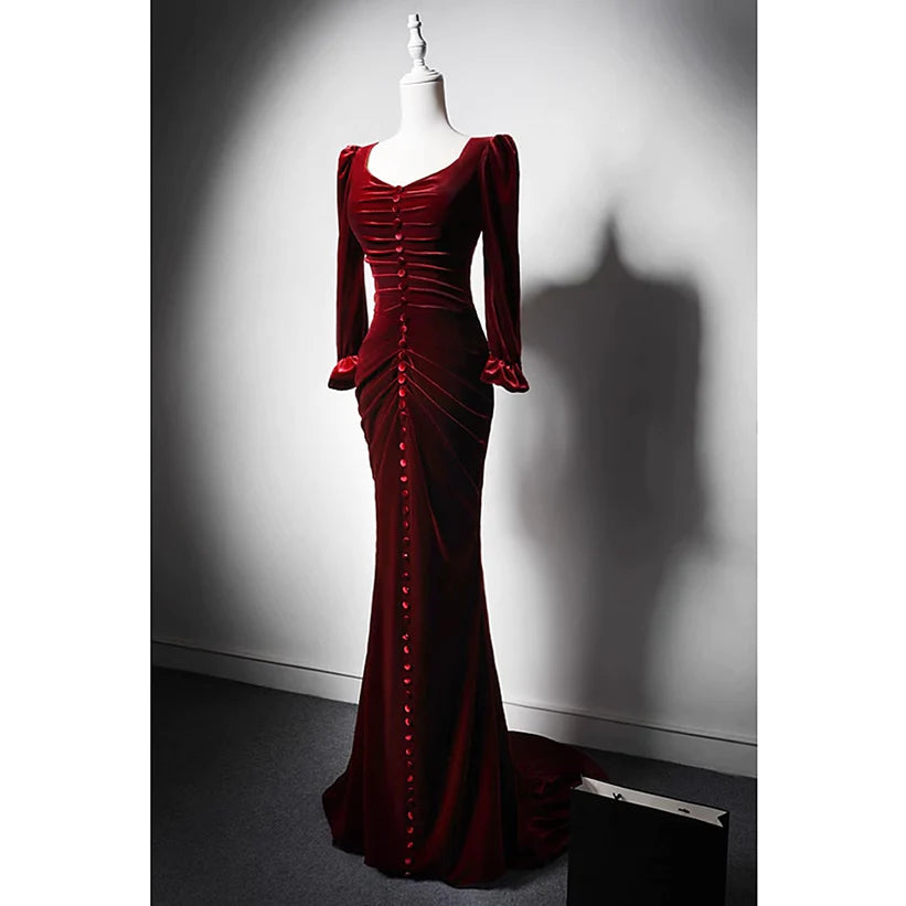 Vestido de fiesta largo estilo sirena con mangas largas de terciopelo rojo vino